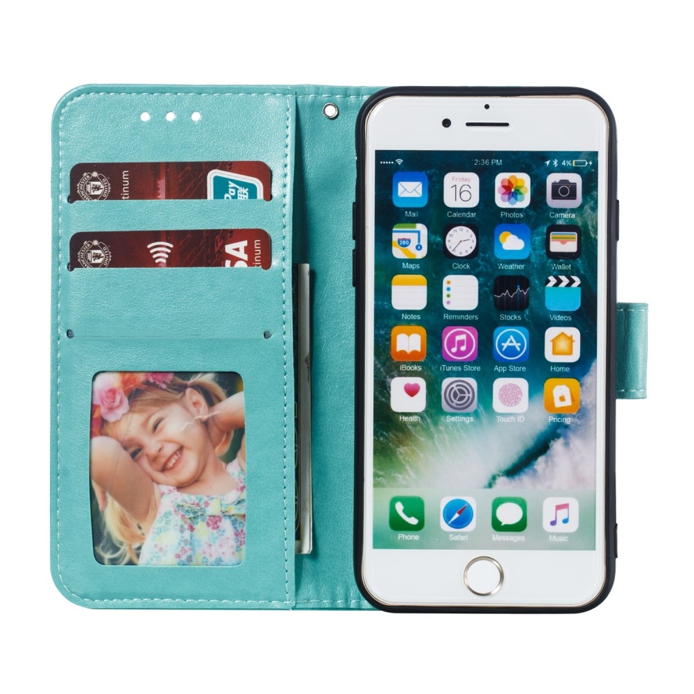 iPhone SE (2022/2020) / 8 / 7 Leder Tasche Wallet - Mandala Flowers Imprint - Türkis