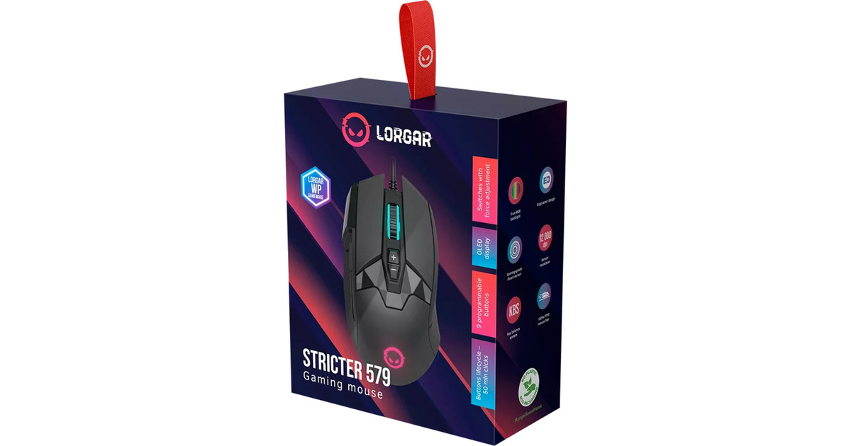 LORGARStricter 579 gaming muis  (Zwart, 400 - 12000 dpi, RGB, OLED Display)