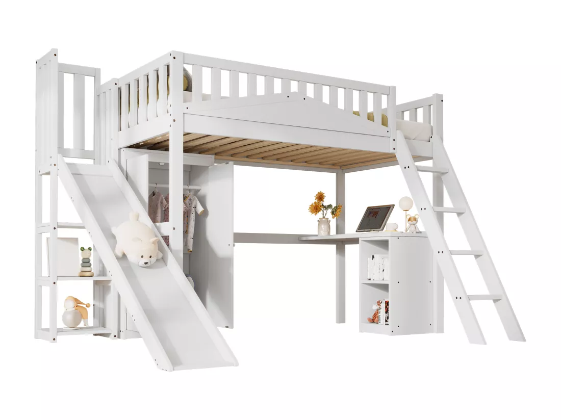 Lit mezzanine en bois 90x200 cm - avec bureau + armoire + toboggan - Blanc