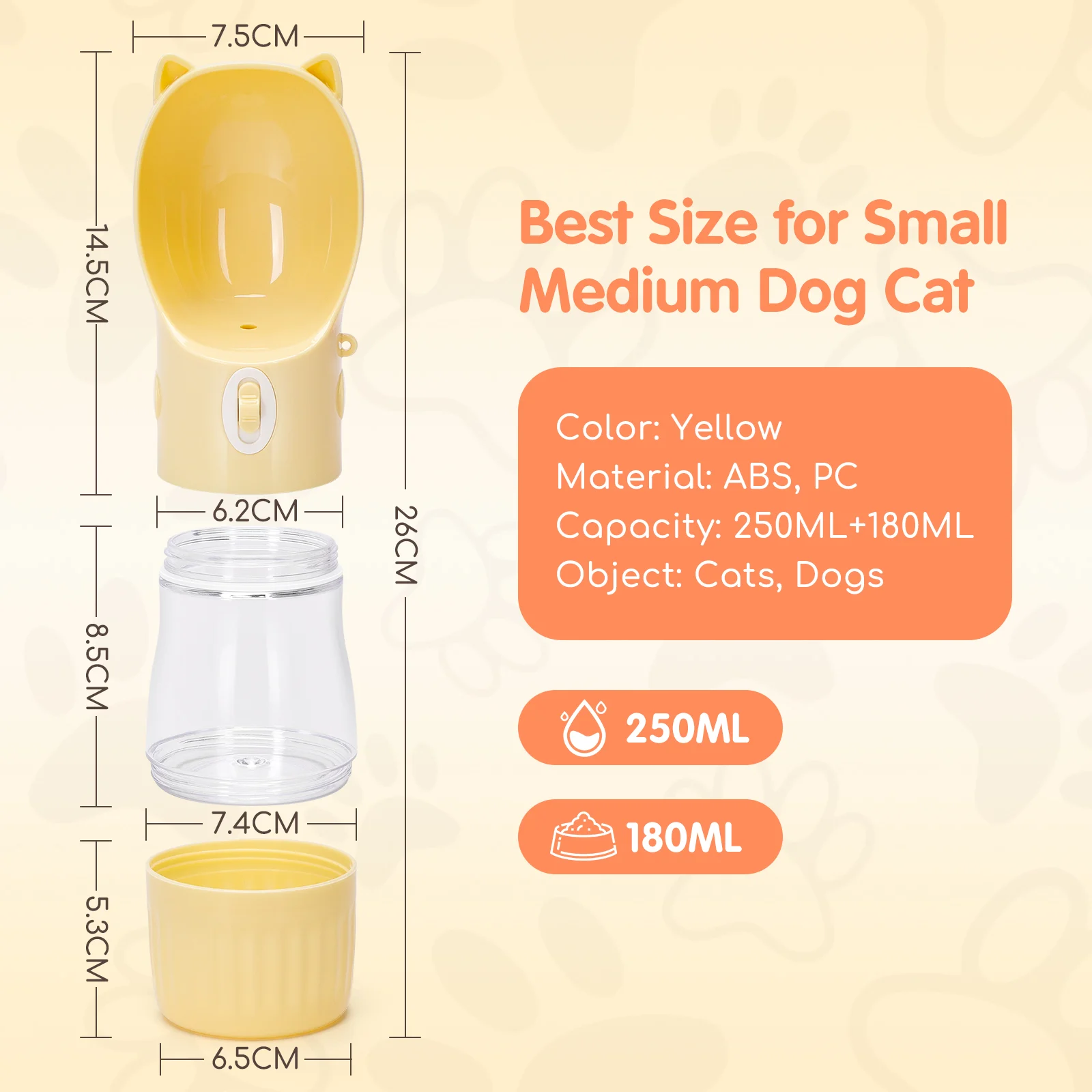 Garrafa de água Nobleza para animais de estimação, 250ml, com recipiente para ração de 180ml, ideal para cães e gatos, perfeita para passeios, viagens e acampamentos.