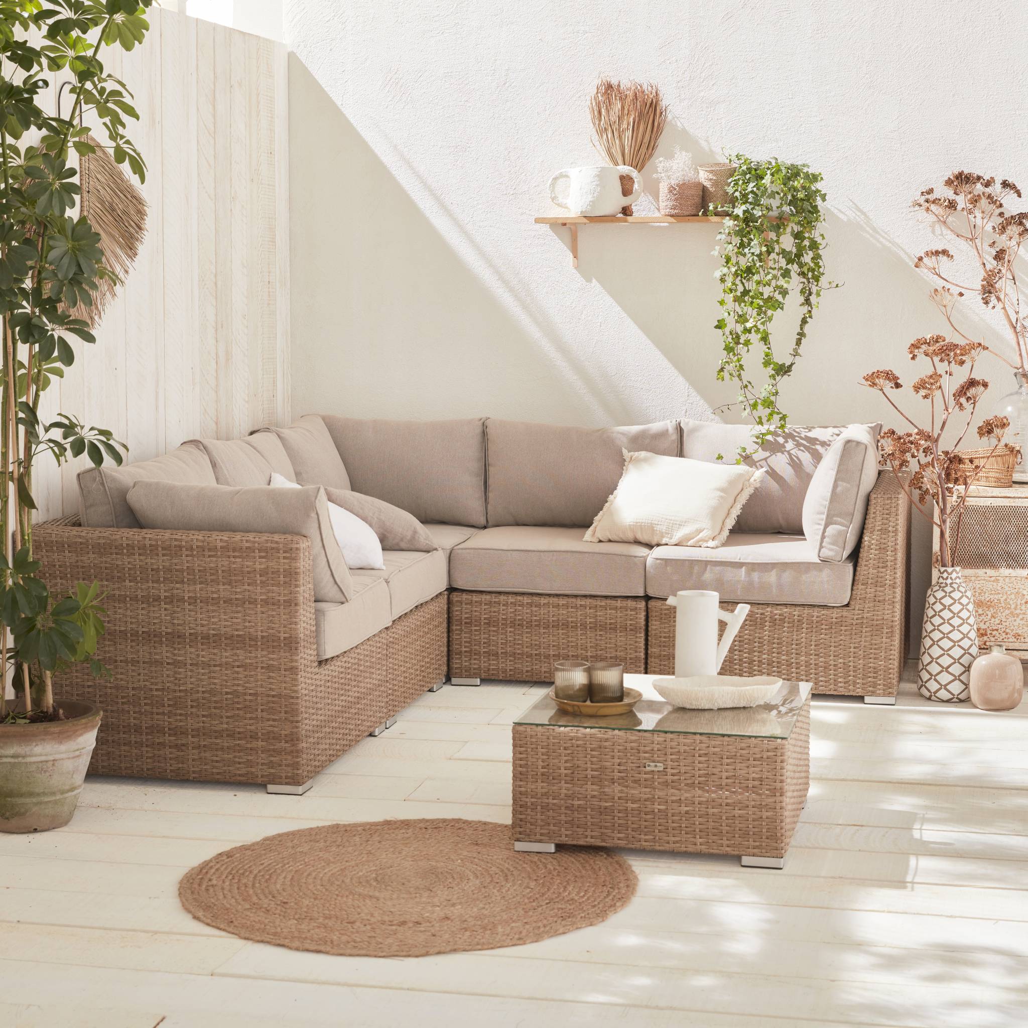 sweeek - Hoek loungeset 5 plaatsen, rond wicker