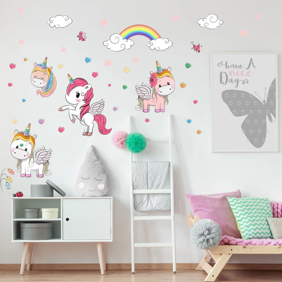 Nikima Wandtattoo 086 Wandtattoo Einhorn Regenbogen Kinderzimmer Sticker Aufkleber bunt