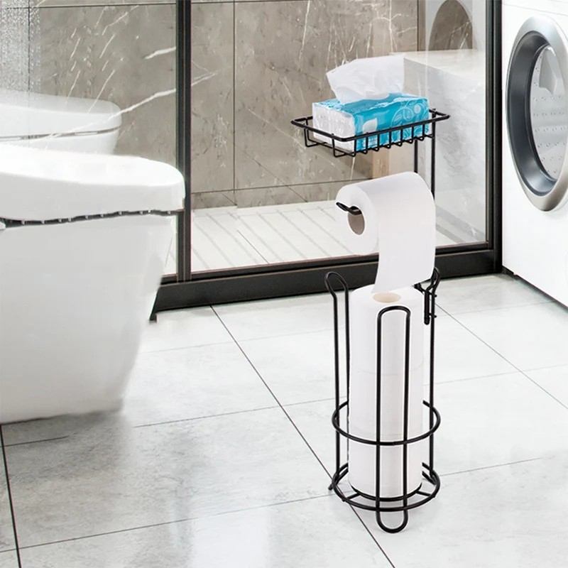 (60x17cm) 2in1 Metall Toiletten Papier Halterung Freistehender WC Papier Ständer mit Handy Ablage - Schwarz