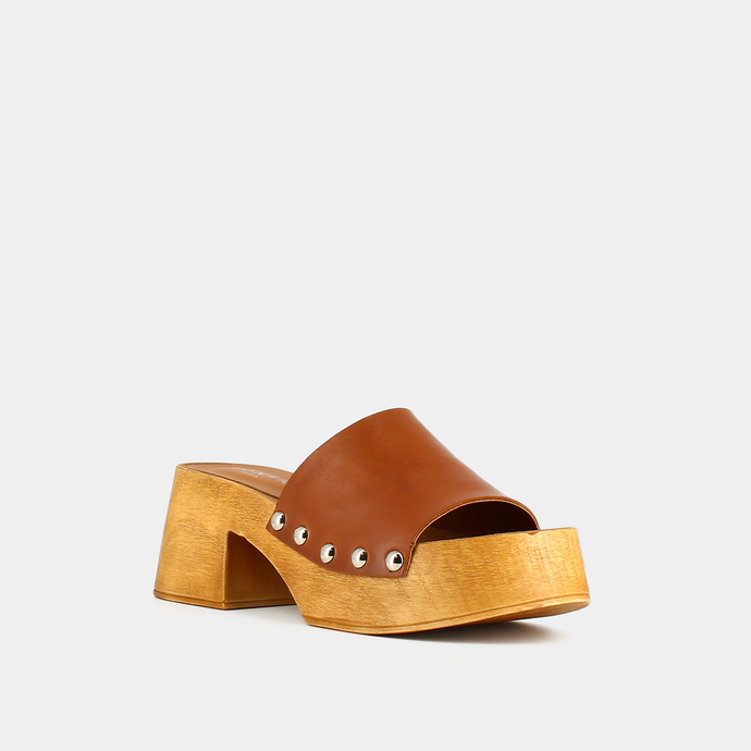Mules à plateformes et bouts ouverts  en cuir cognac