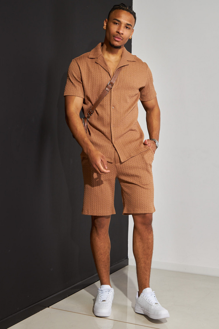 Ensemble 2 pièces chemise + short marron à motif vague