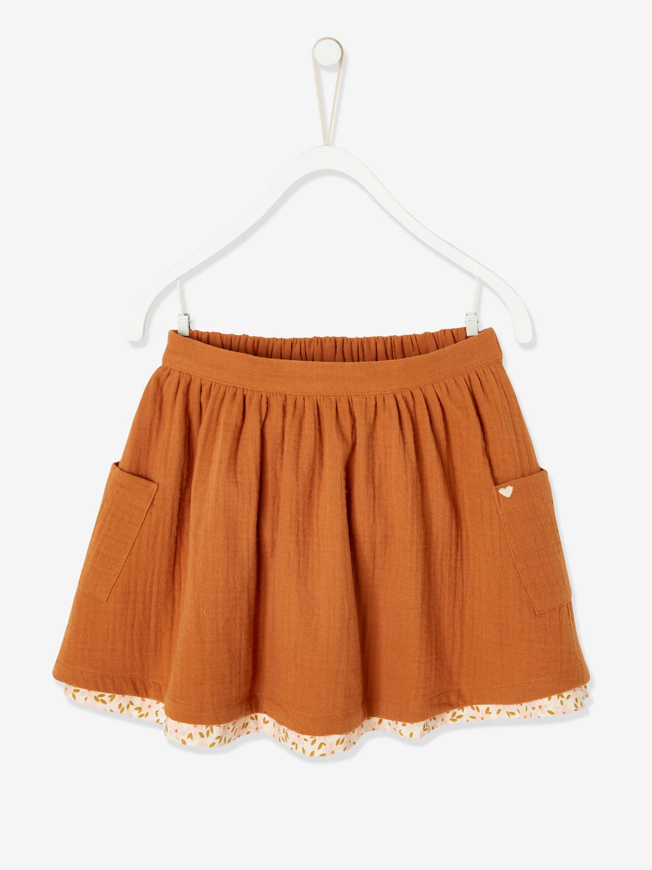 Saia reversível, lisa ou com estampa floral, para meninas, marrom claro liso