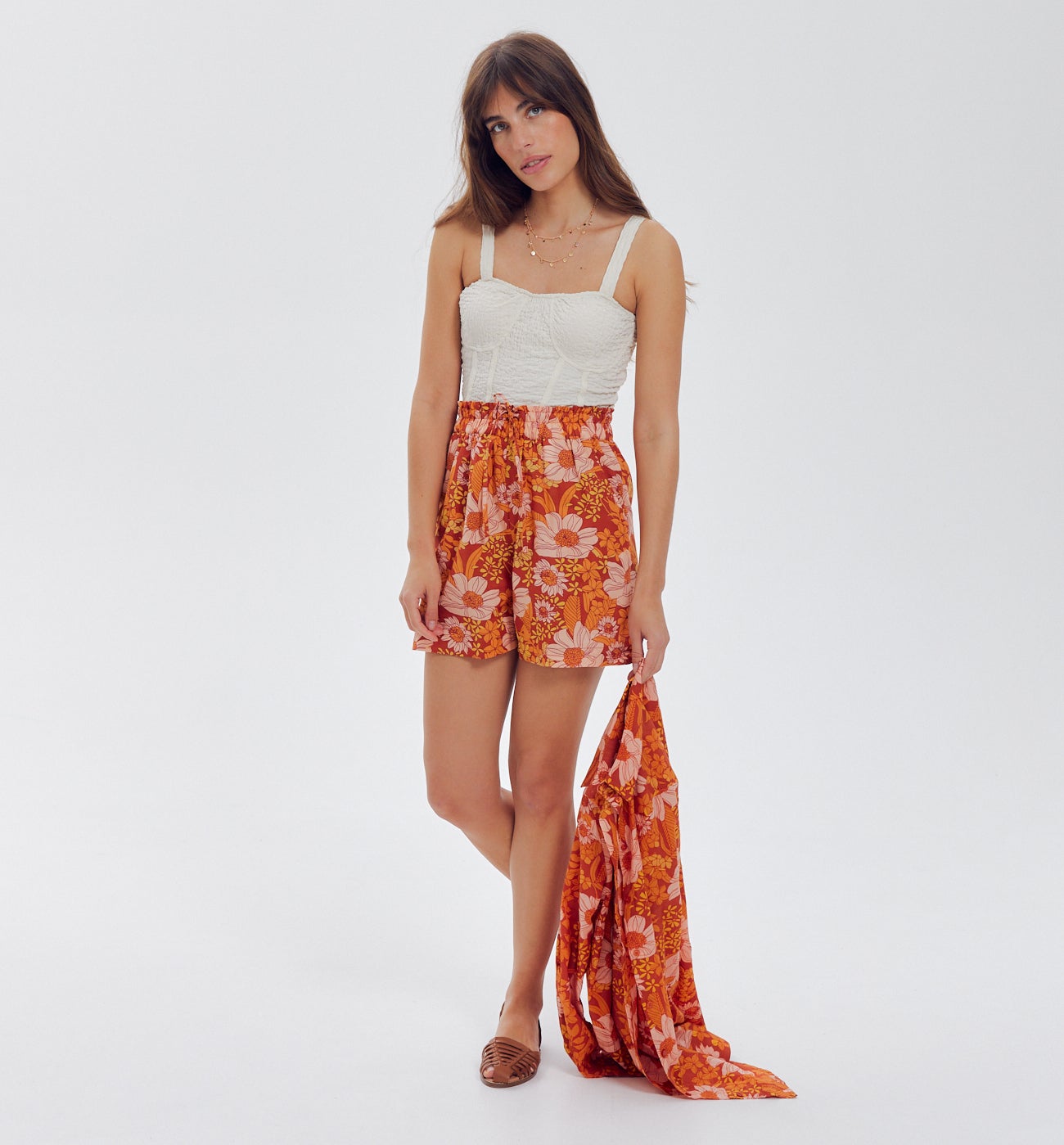 Short à fleurs Femme - Imprimé orange