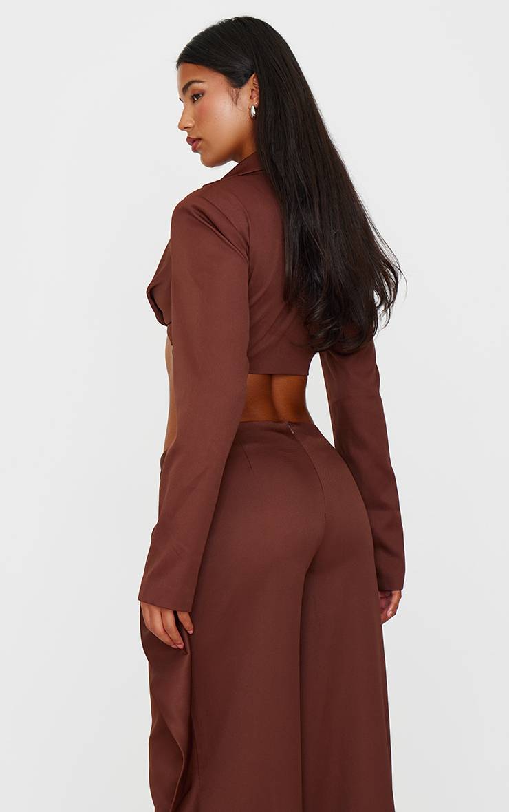 Marron Chocolat Blazer Court À Manches Longues Avec Détail Torsadé Coordonné
