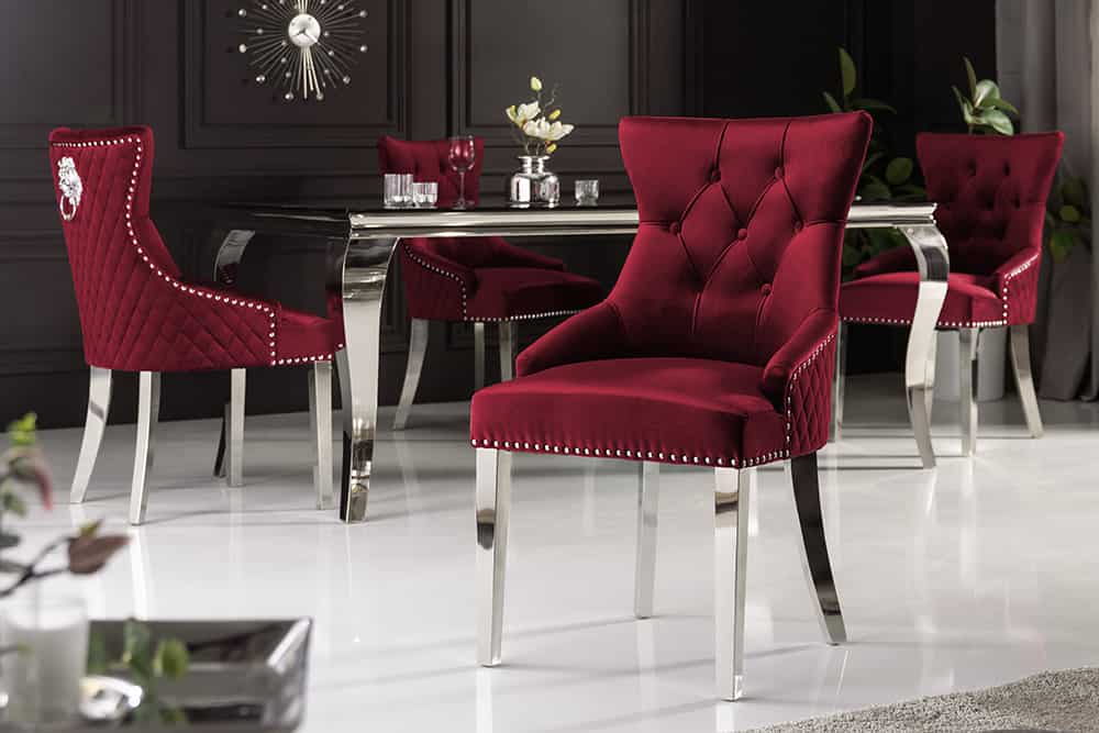 Barock Stuhl CASTLE DELUXE rot Samt Löwenkopf Chesterfield Design Esszimmerstuhl Nieten