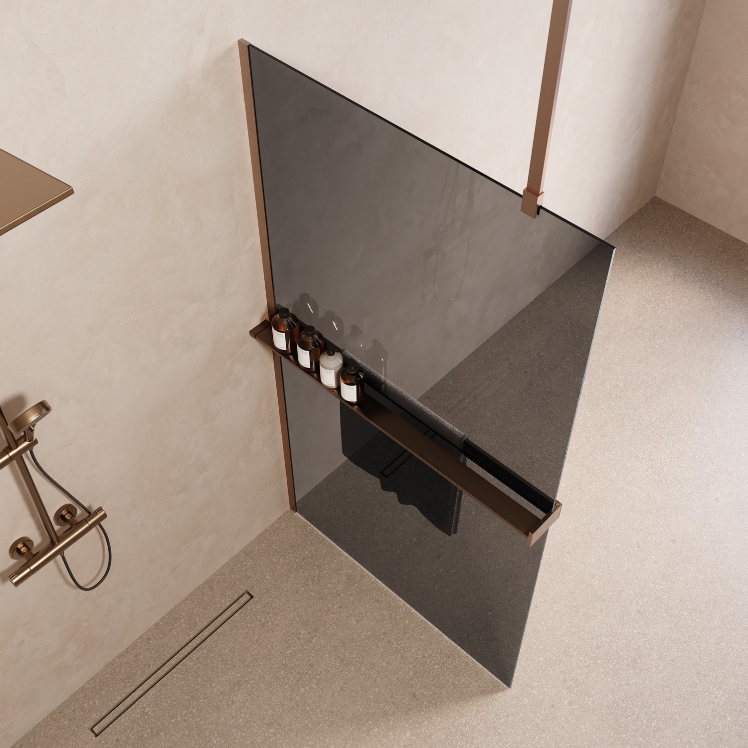 Saniclear Bright inloopdouche 100cm met handdoekhouder en rookglas geborsteld koper