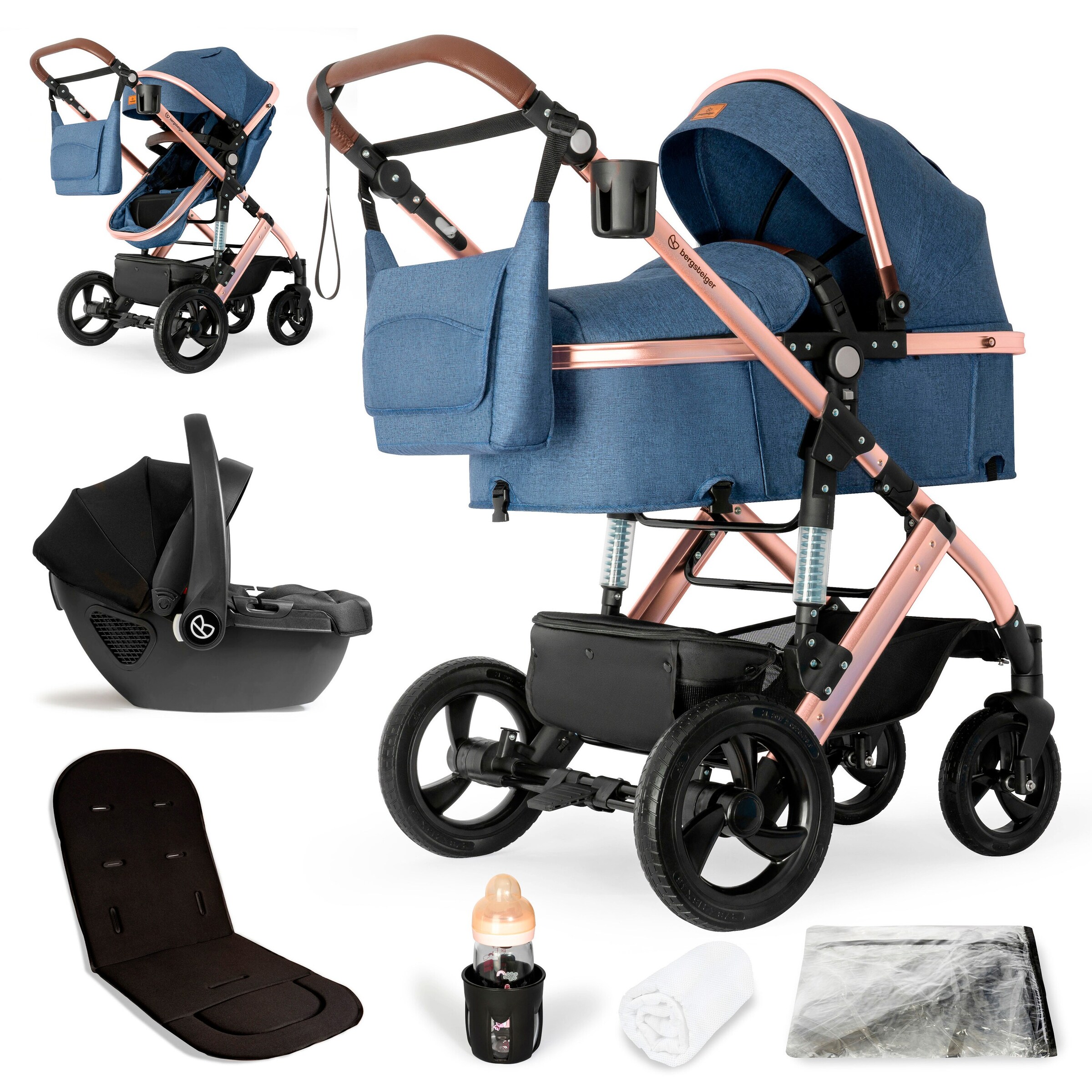 Bergsteiger Kinderwagen Nizza + Babyschale blue | Gestell: rose golden