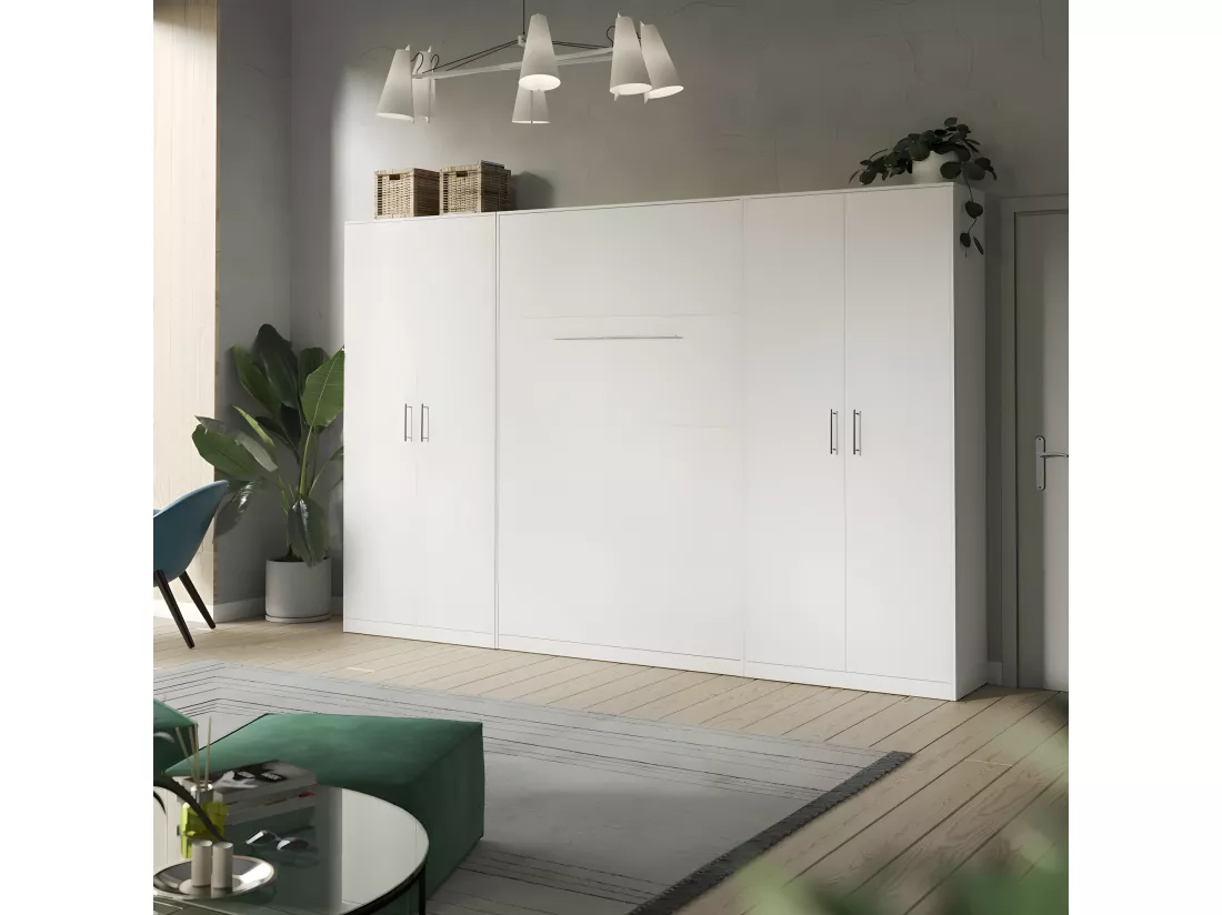 Lit escamotable +2 Placards Vertical 140x200+(80x2)cm Lit Rabattable Lit Mural Standard Blanc/blanc