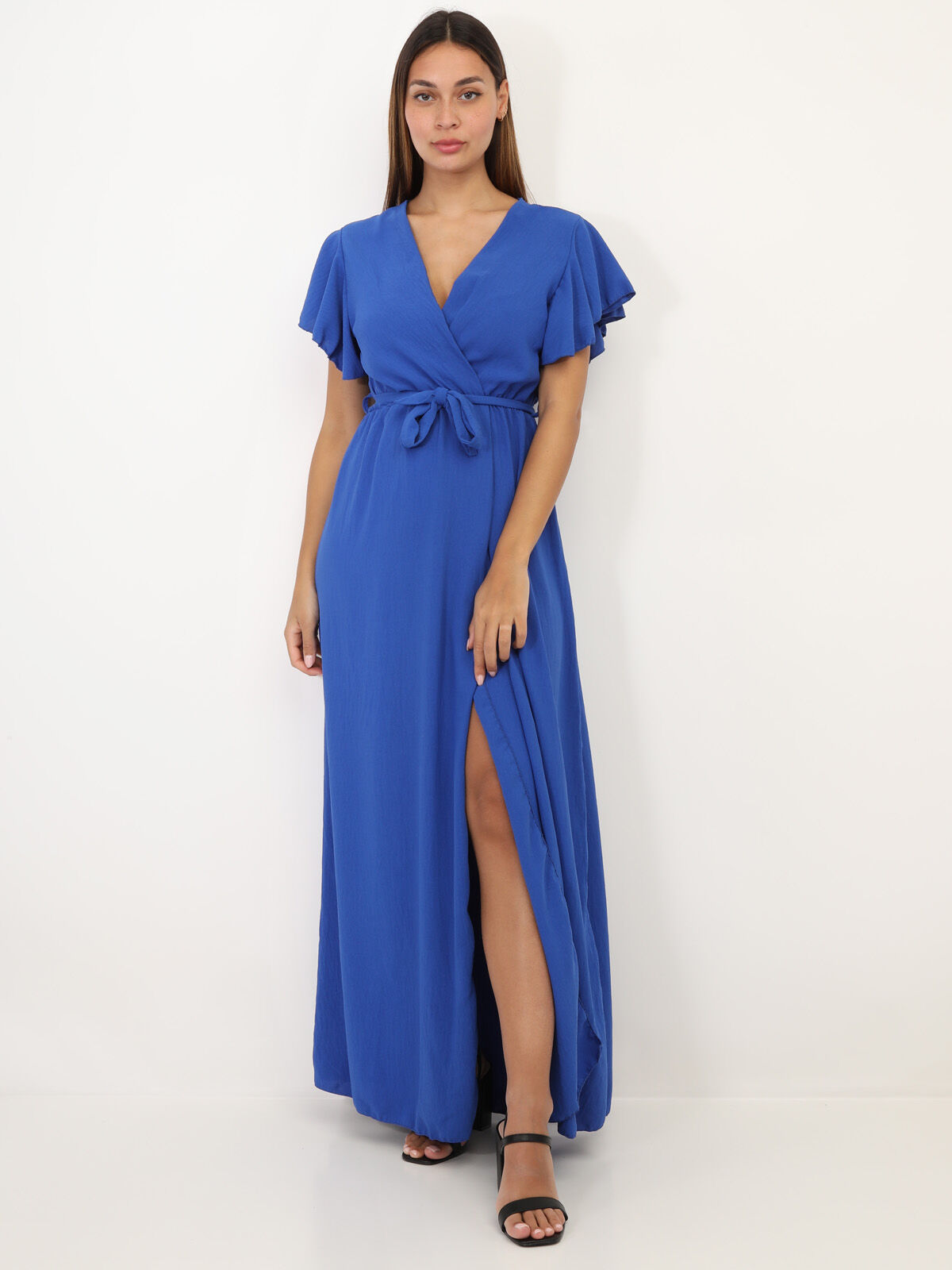 Robe longue fendue à col cache coeur- Bleu