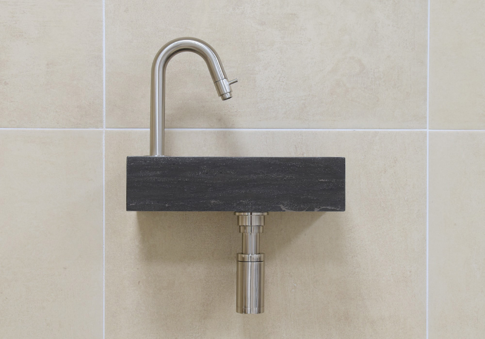 Mueller Small natuursteen fonteinset links met RVS gebogen fonteinkraan en toebehoren