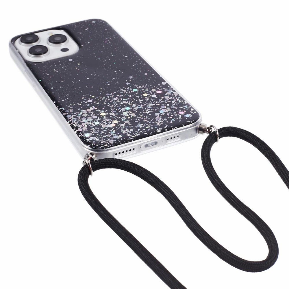 iPhone 14 Pro Necklace Gummi Hülle im Glitzer Design   Handykette (140cm) - Schwarz / Transparent