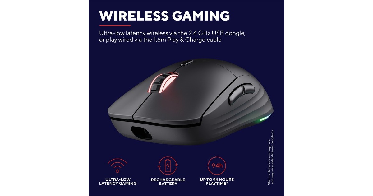 TrustGXT 927 Redex+ draadloze gaming muis met hoog prestatieniveau  (Zwart, RGB | 100 - 25.600 dpi | PS4 | PS5 | XBOX series X|S)