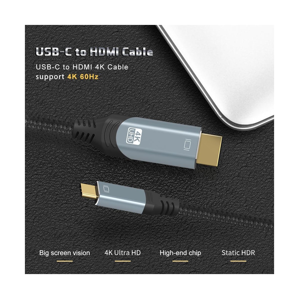 NÖRDIC 3m USBC til HDMI 4K 60Hz nylonflettet kabel plass grå støtte for HDCP1.4 og 2.2 Rent kobber 99,99 %