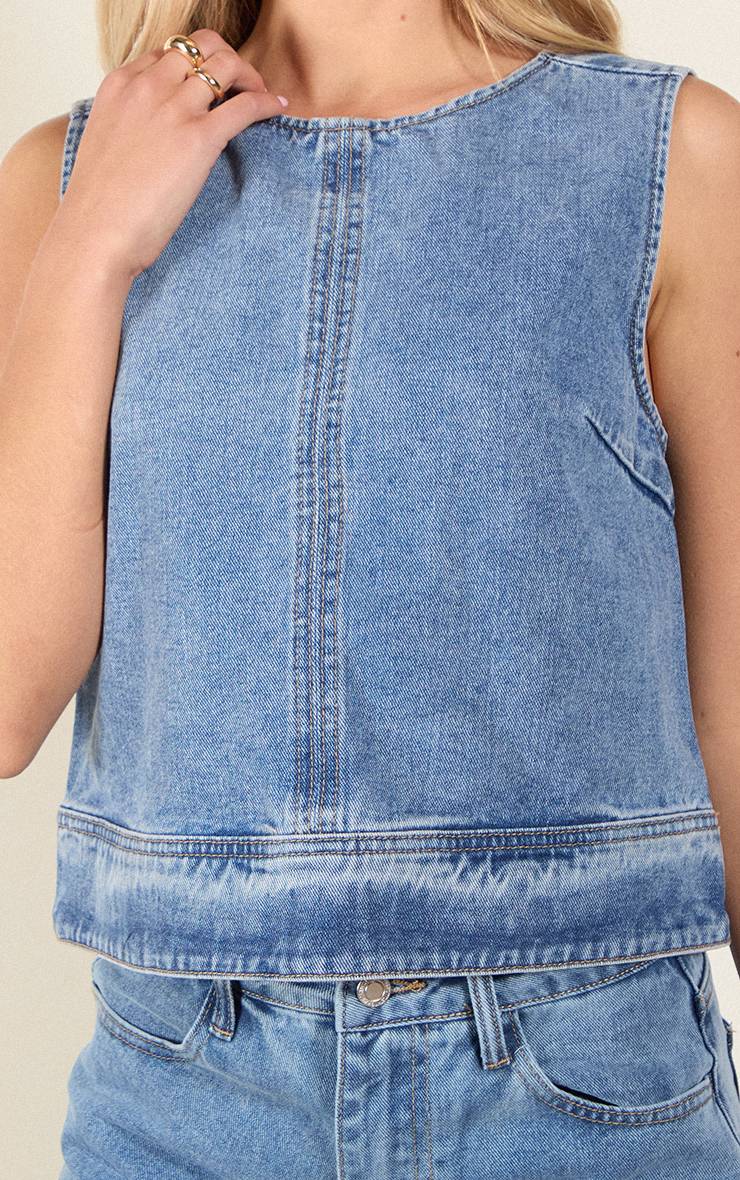 Mid Blue Wash Haut En Denim Boxy Écru Sans Manches À Col Rond