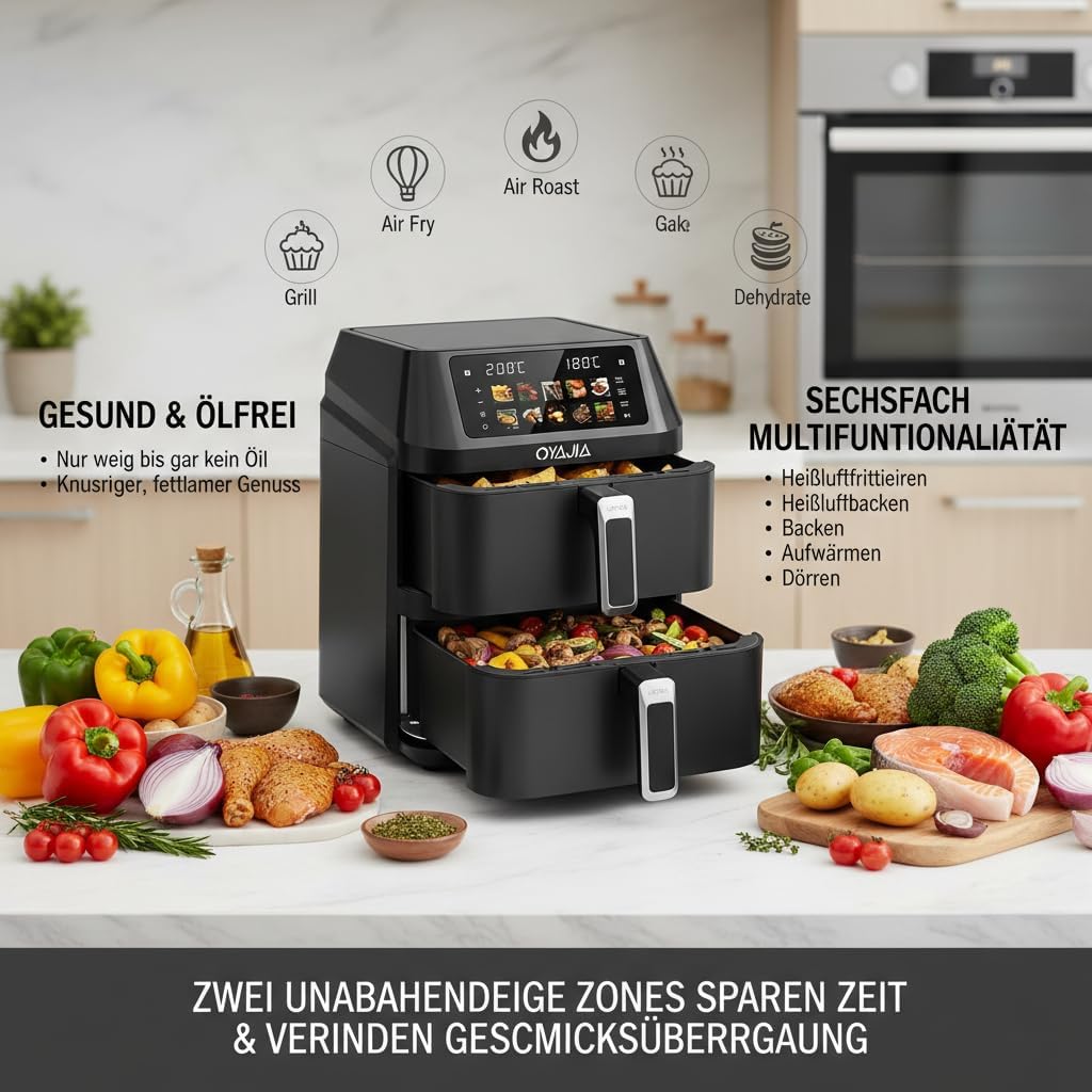 Airfryer, Heißluftfritteuse 2 Kammern, 12 L Heissluftfritteuse, Innovative Mehrfach-Luftgeschwindigkeit, Spart 41 Prozent Platz,10 Programme Mit Automatisch Voreingestellter