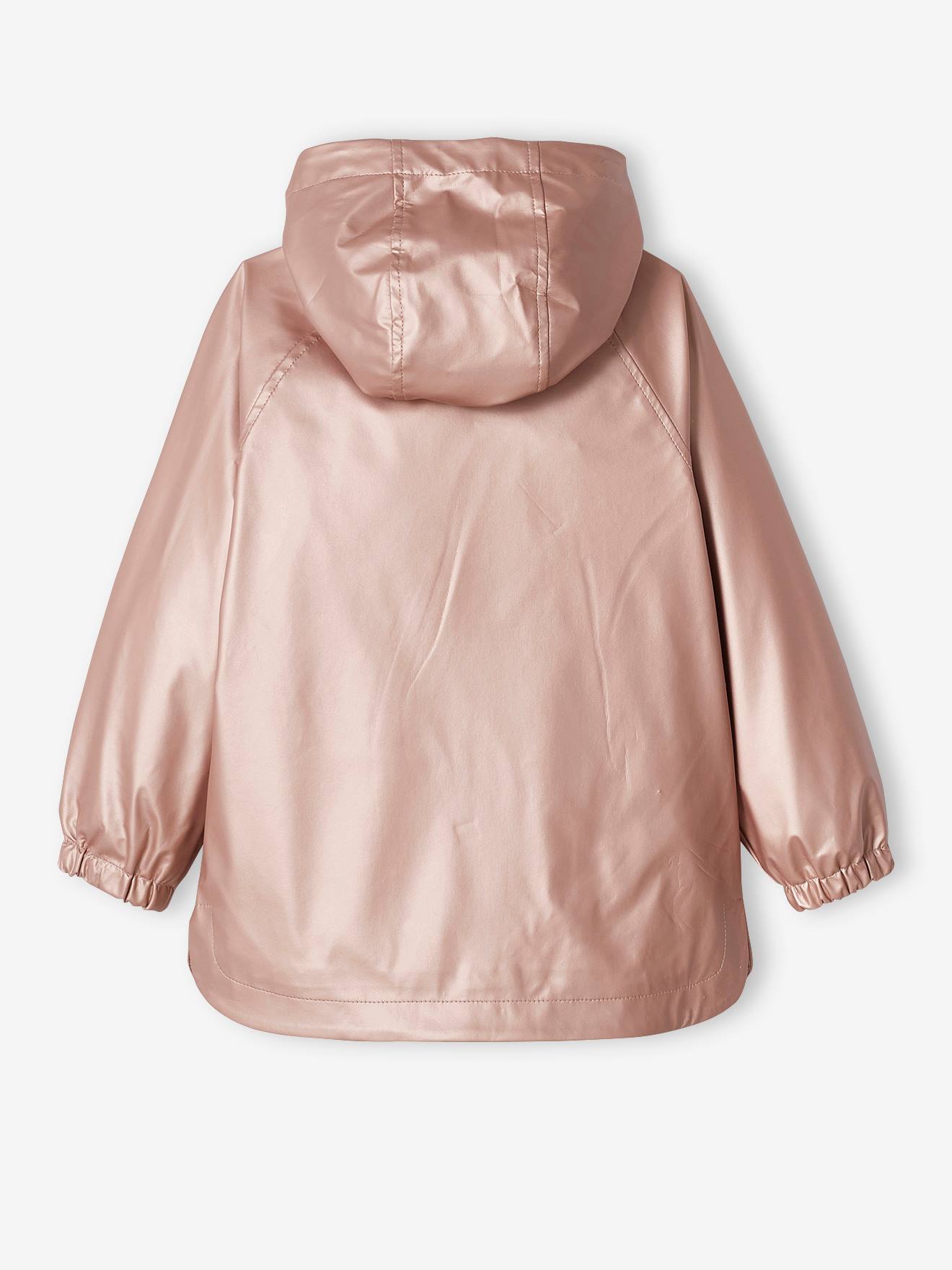 Capa de chuva rosa metálica com capuz para meninas