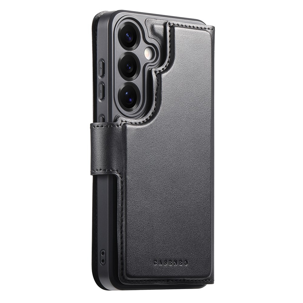 Samsung Galaxy S25 Leder Case Schutzhülle mit Finger Griff Halterung   Abnehmbare Tasche inkl. Kartenfächer MagSafe-Modul (RFID Schutz) - Schwarz