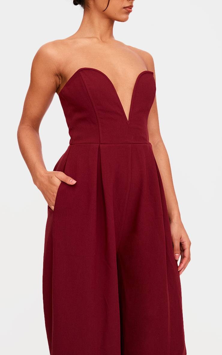 Rouge Bordeaux Combinaison Plt Label À Jambes Larges Et Décolleté Plongeant