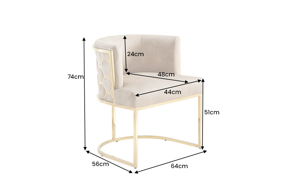 Stilvoller Stuhl ELEGANCE beige Samt gold Edelstahl mit Armlehne