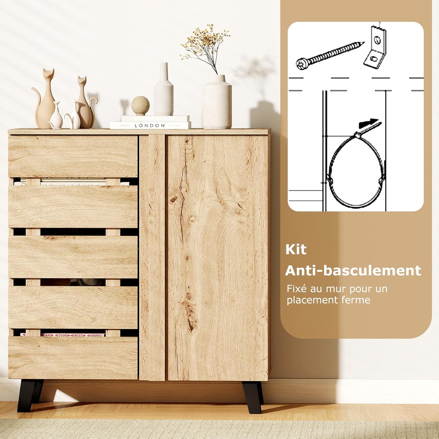 COSTWAY Meuble a Chaussure à 4 Niveaux, 3 Étagères Amovibles et Portes, Meuble Chaussure Entree 16 Paires, Pieds Surélevés, Dispositif Anti-Basculement, Meuble de Rangement pour Entrée Salon, Naturel II8340796