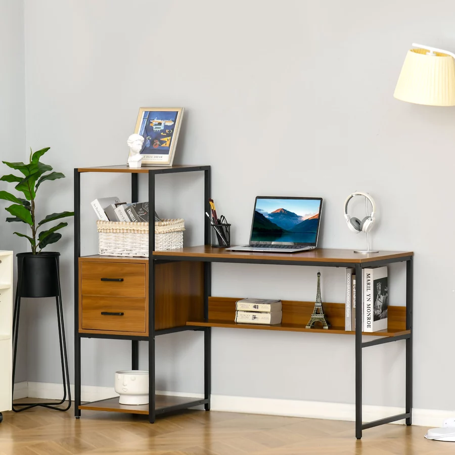 HOMCOM Schreibtisch mit 2 Schubladen natur, schwarz