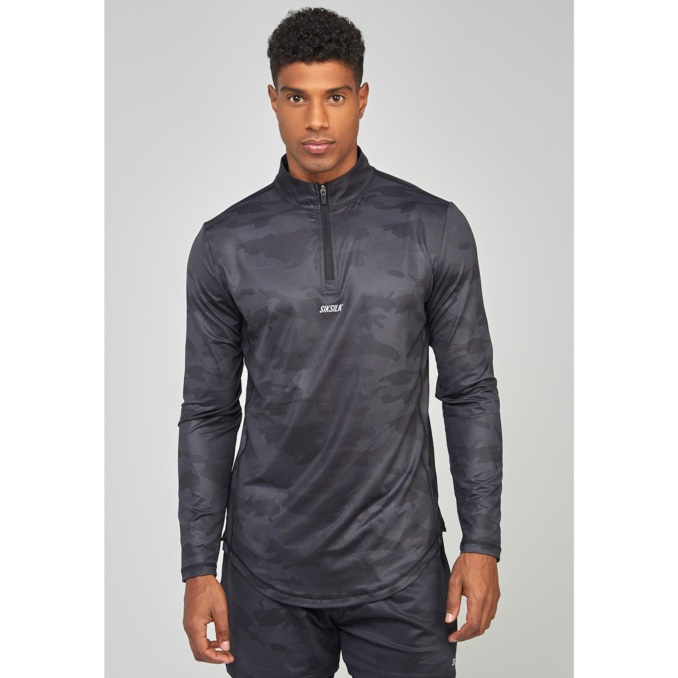 SikSilk Camo Sports Muscle Fit Quarter Zip Long Sleeve Top Mens