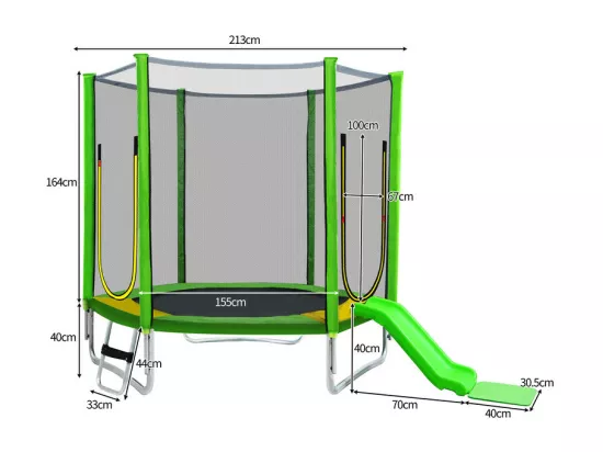 Trampoline Ø213 cm - avec toboggan, escalier, 2 porte et filet de sécurité - charge max 100kg - Certification GS
