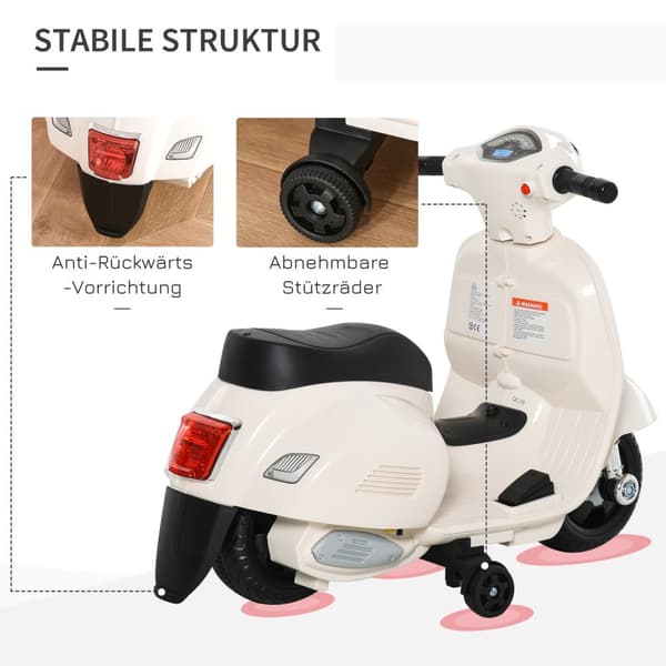 Vespa Elmotorsykkel Barnemotorsykkel, 18-36 Mnd, 3 Km/T, Led Lys & Lyd, Pp Plast & Metall, Hvit, 66,5X38X52Cm