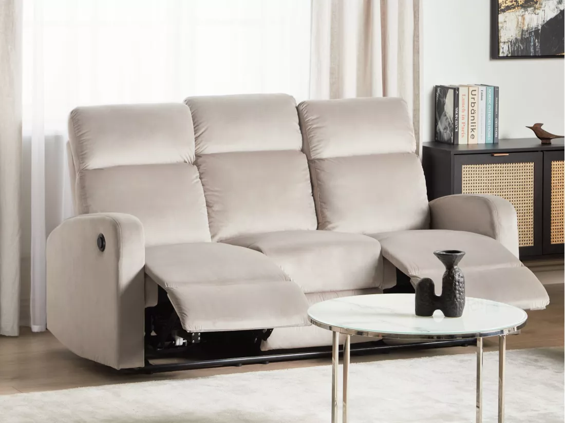 Canapé 3 places inclinable électrique en velours beige VERDAL