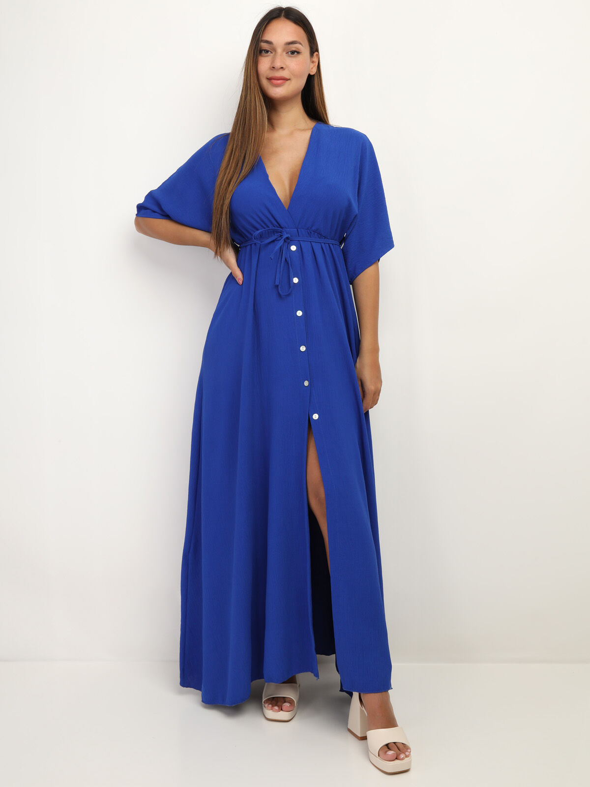 Robe longue boutonnée à fente- Bleu