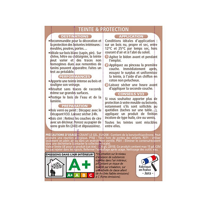Teinte et protection meubles et boiseries V33 chêne doré mat 0,5L
