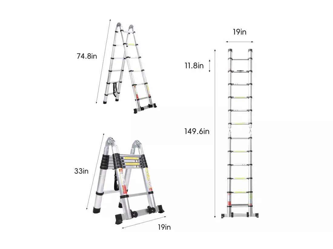 Échelle télescopique, Hauteur 0,88m à 3,8 m, échelle pliante extensible en aluminium, avec pieds antidérapants, charge maximale 150kg