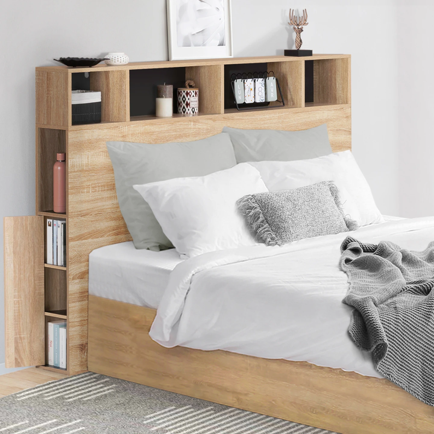 Tête de lit sur pied CLEO 145 cm avec rangements fermés et niches façon hêtre et noir
