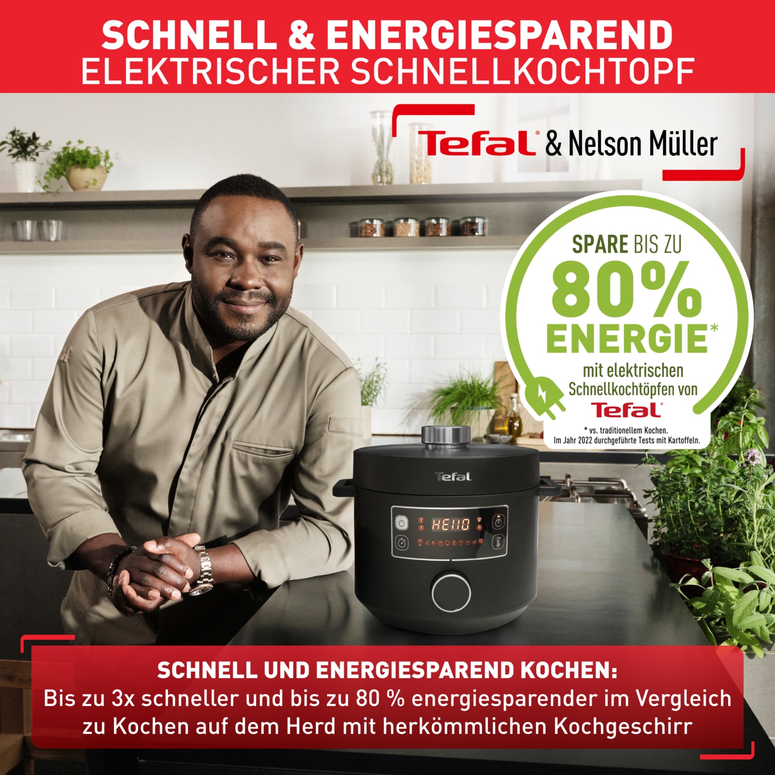 Tefal Multikocher »Turbo Cuisine inkl. Dampfgareinsatz, Messbecher, Reislöffel und Kelle« elektr. Schnellkochtopf, 10 aut. Programme, 1-Knopf-Bedienung, CY7548