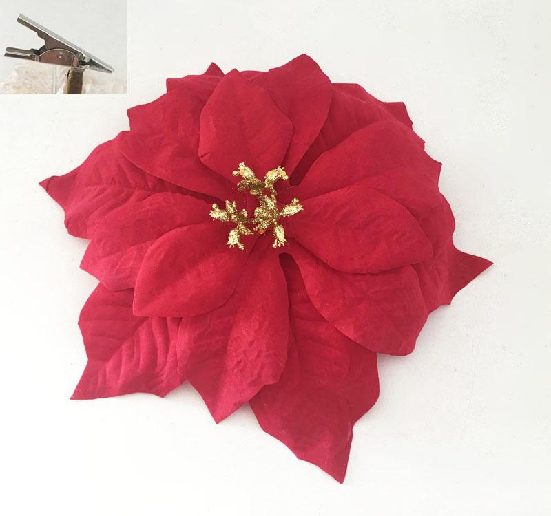 CLIP POINSETTIA VELOURS COEUR PAILLETE OR D.26CM ROUGE