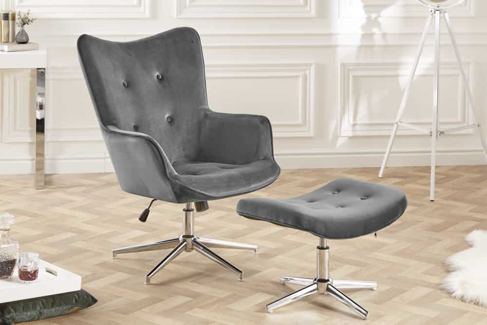 Eleganter Hocker MR. LOUNGER grau Samt mit Chromgestell