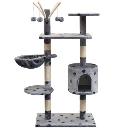 Arranhador para gatos com poste para arranhar, cinza, com pegadas de patas.