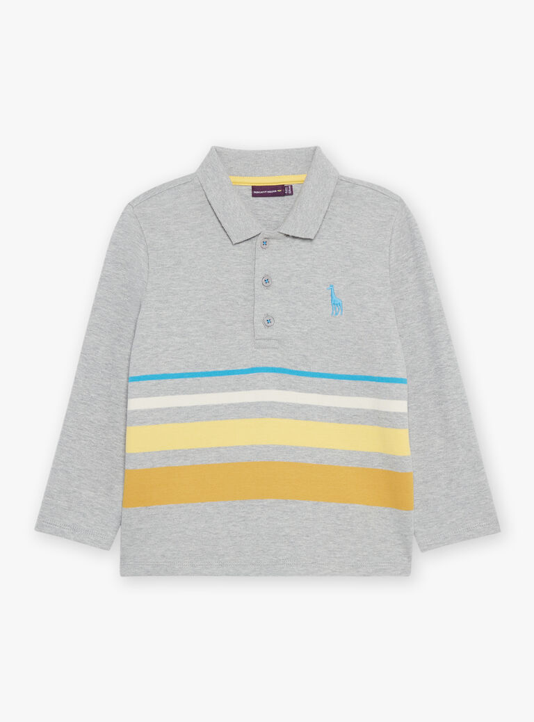 Polo gris chiné à rayures et broderie girafe