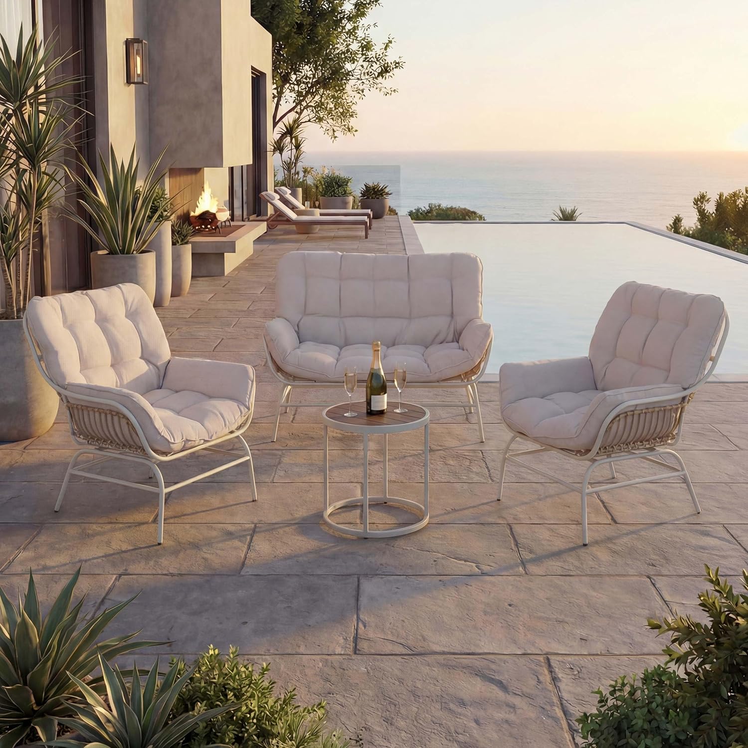 Lounge-Set HWC-P75, Gartengarnitur Sofa Sitzgruppe, Stoff 220g/m² Poly-Rattan Metall - hellgrau, Polster beige