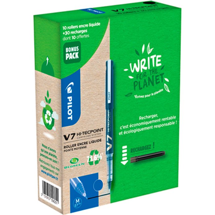 Greenball roller encre liquide 10 stylos + 10        recharges pointe moyenne bleu