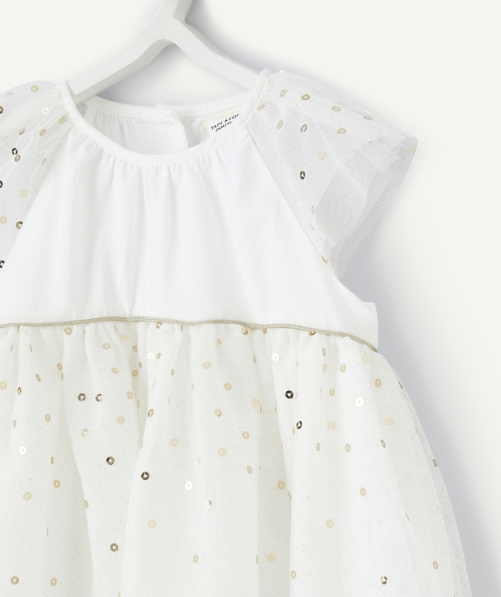 ROBE CRÉATEUR 2023 BÉBÉ FILLE EN TULLE BLANCHE AVEC SEQUINS COULEUR DORÉE