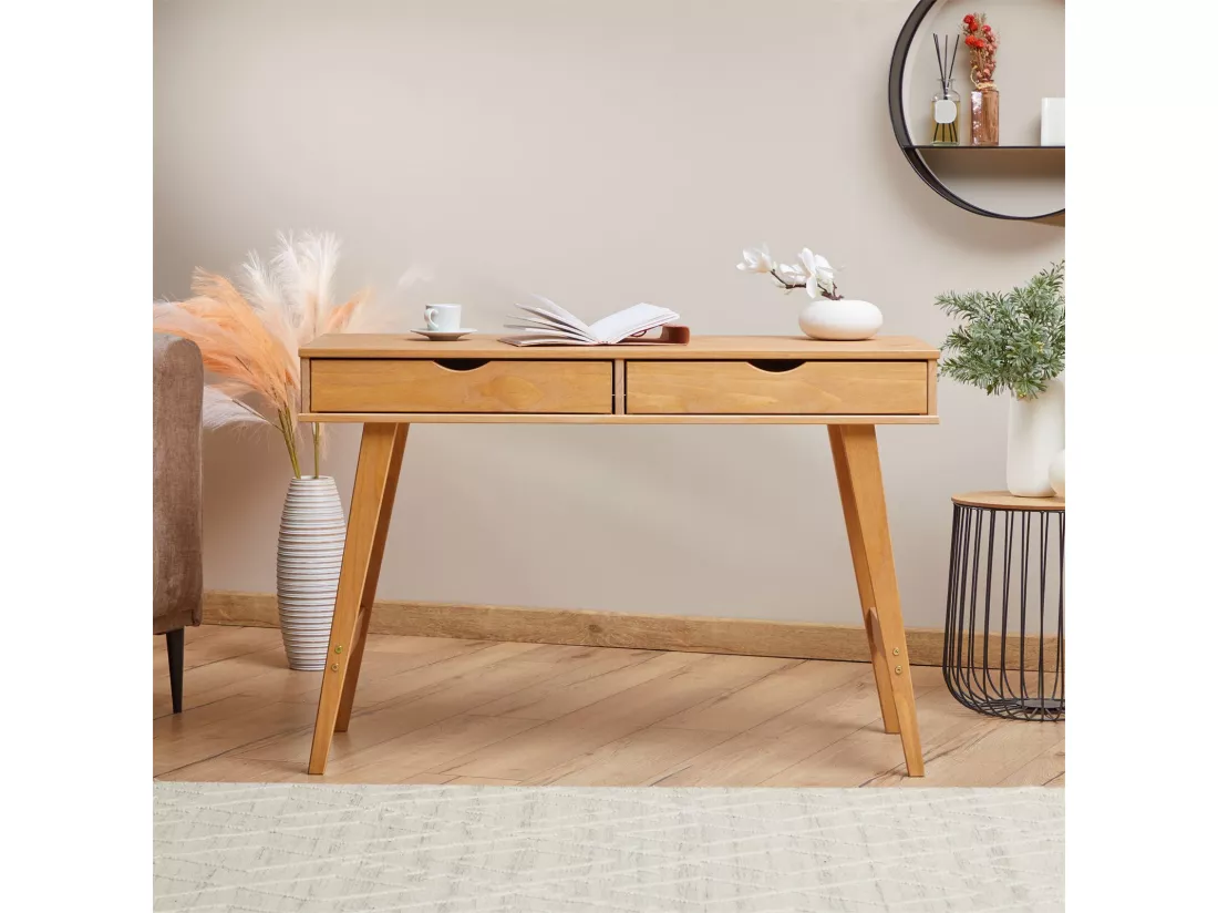 Bureau MILO en pin massif lasuré brun avec 2 tiroirs de rangement