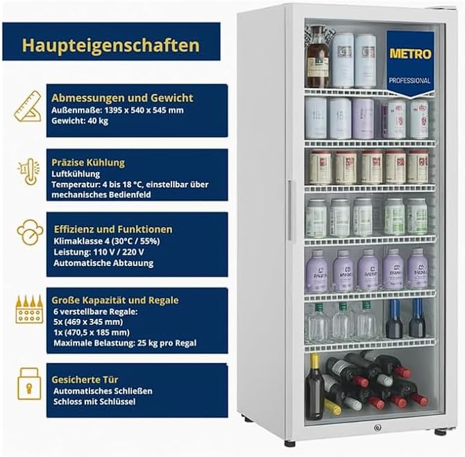 METRO Professional Getränkekühlschrank GSC4240, 237 L, 110 W, 6 verstellbaren Einlegeböden, weiß