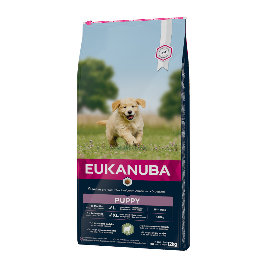 Ração Eukanuba Puppy Large para cães, sabor cordeiro e arroz.