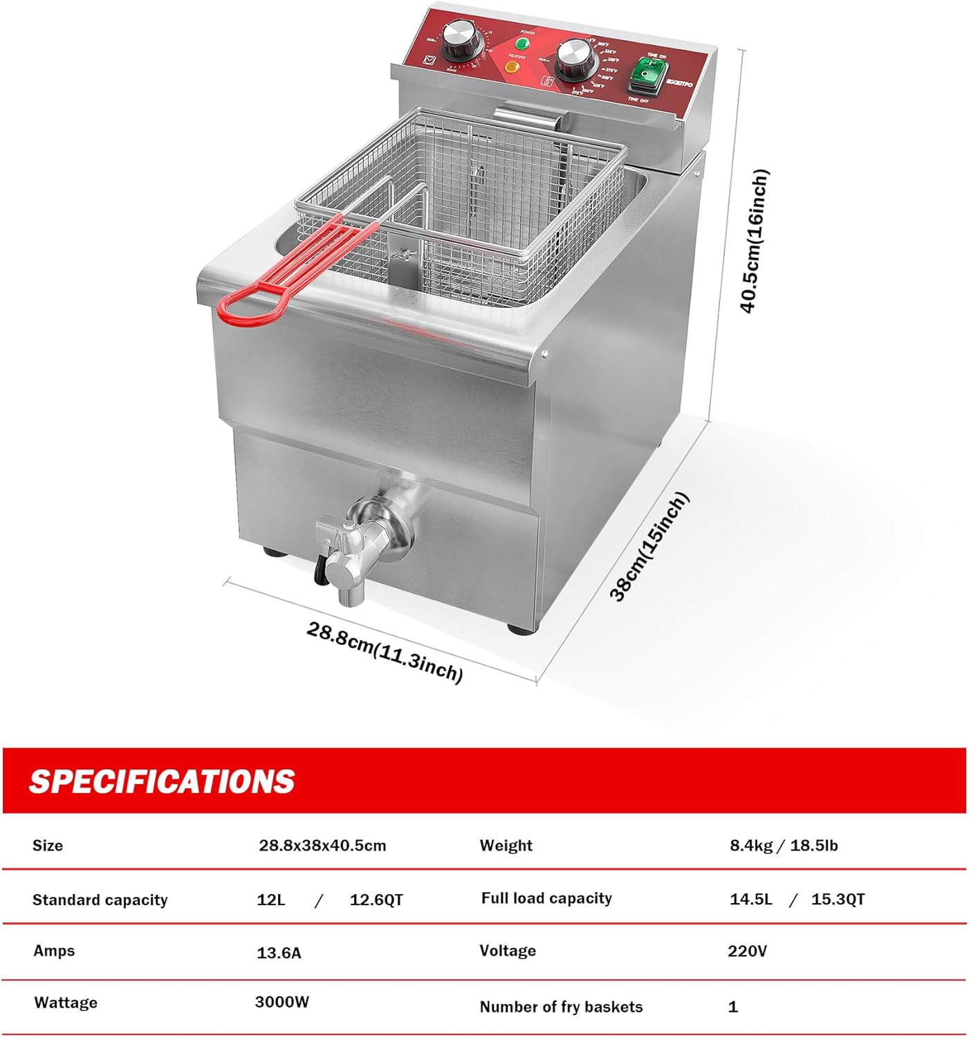 EGGKITPO Fritteuse 12 l Große elektrische Fritteuse mit Ölablass und Timer Fritteuse mit Korb und Deckel Edelstahl-Tischfritteuse Gewerbliche Fritteuse für Restaurants und die Küche 220V 3000W
