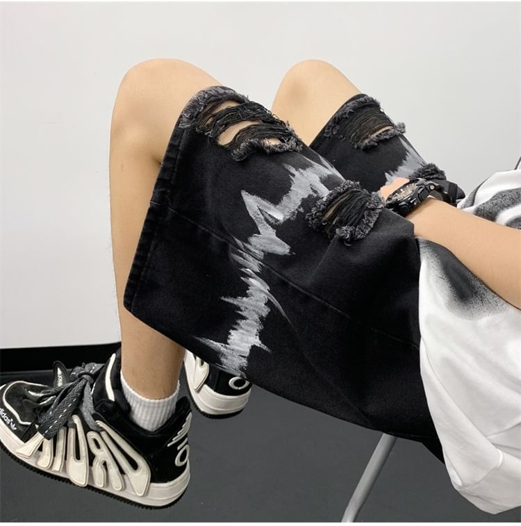 Hushgrain - Mid Rise Print Distressed Washed Denim Shorts